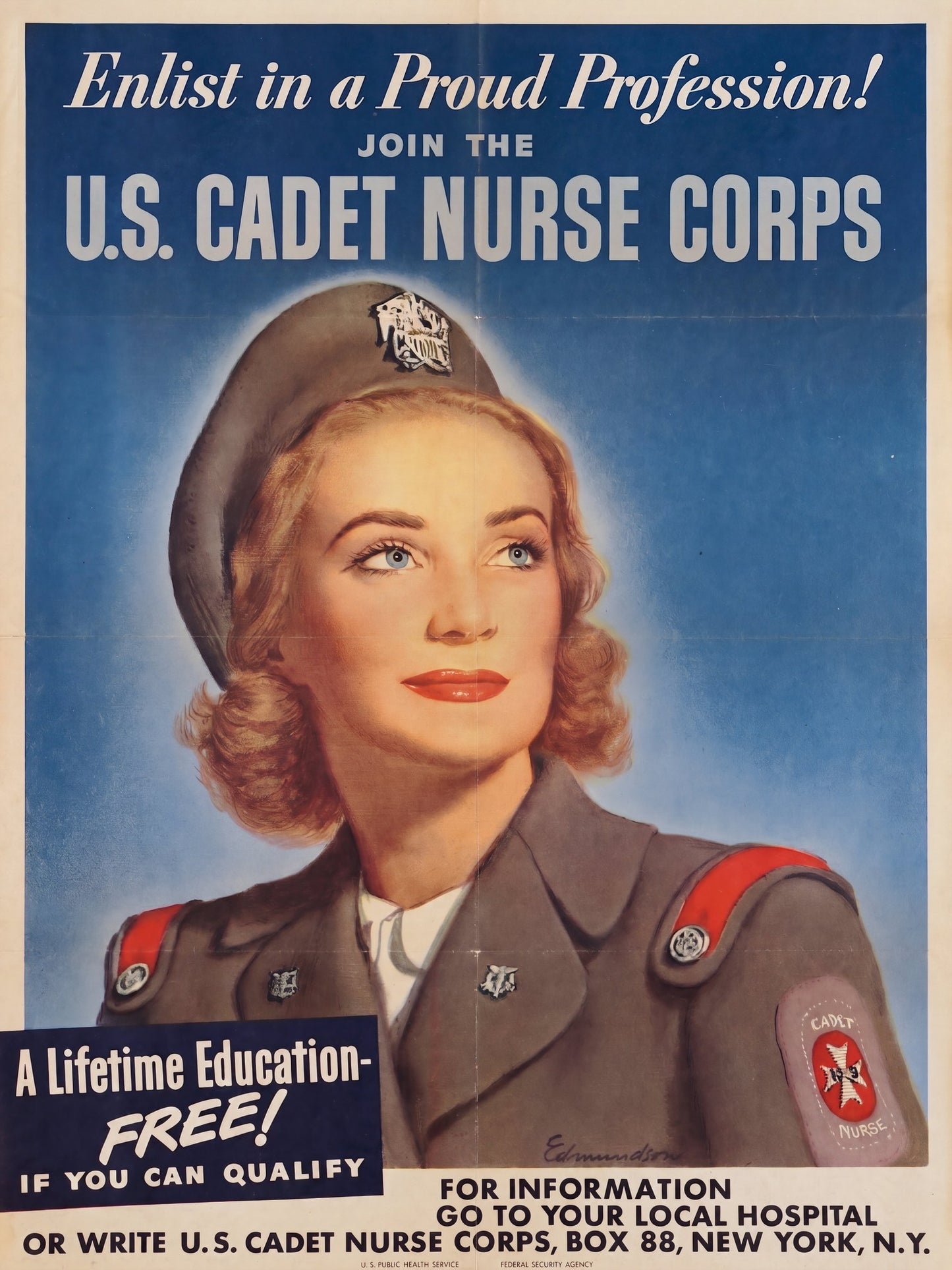 1943 WW2 US Cadet Nurse Corps recruitment poster, illustrated bust of blonde nurse in khaki uniform, blue ground, Edmundson | The Vintage Poster Archives