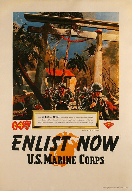 1945 USMC Enlist Now WW2 recruitment poster marking Saipan and Tinian campaigns, Vic Guinness