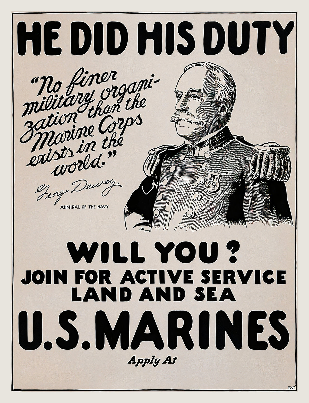 WW1 US Marines recruitment poster showing Admiral George Dewey portrait, bold black type on cream, 1914–1918 | The Vintage Poster Archives