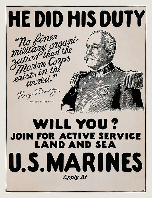WW1 US Marines recruitment poster showing Admiral George Dewey portrait, bold black type on cream, 1914–1918 | The Vintage Poster Archives