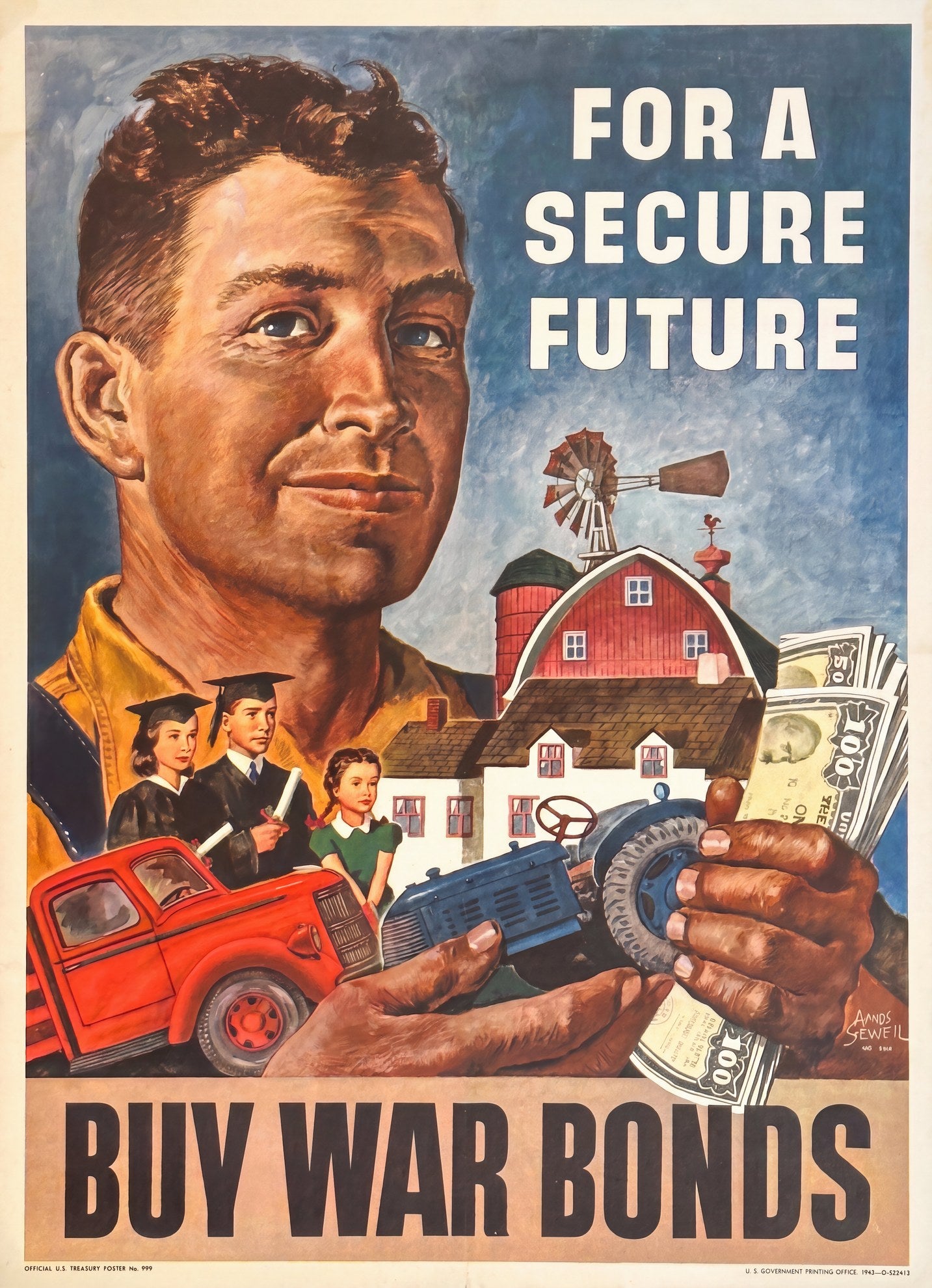 1943 WW2 propaganda poster: farmer holds war bonds and tractor, red barn behind, Amos Sewell | The Vintage Poster Archives
