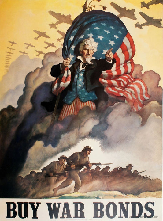1942 Buy War Bonds WWII propaganda poster showing Uncle Sam with infantry soldiers, N.C. Wyeth