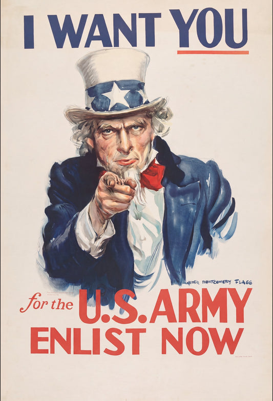 1917 US Army WW1 recruitment poster, Uncle Sam pointing at viewer, navy blue and red, James Montgomery Flagg | The Vintage Poster Archives