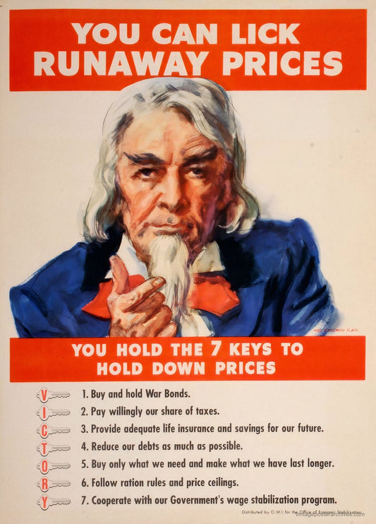 1943 WW2 propaganda poster showing Uncle Sam urging Americans to lick runaway prices, James Montgomery Flagg