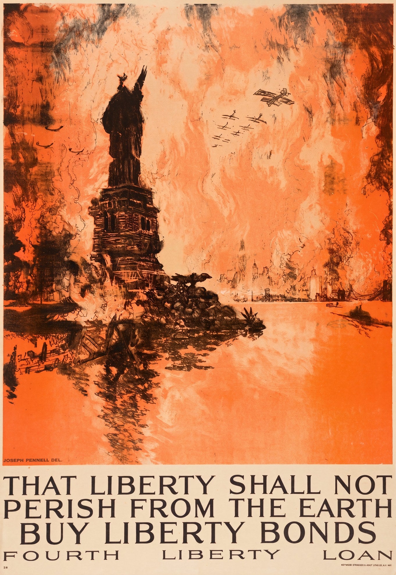 1918 WW1 propaganda poster by Joseph Pennell: Statue of Liberty in ruins, New York ablaze, biplanes overhead, orange and black | The Vintage Poster Archives