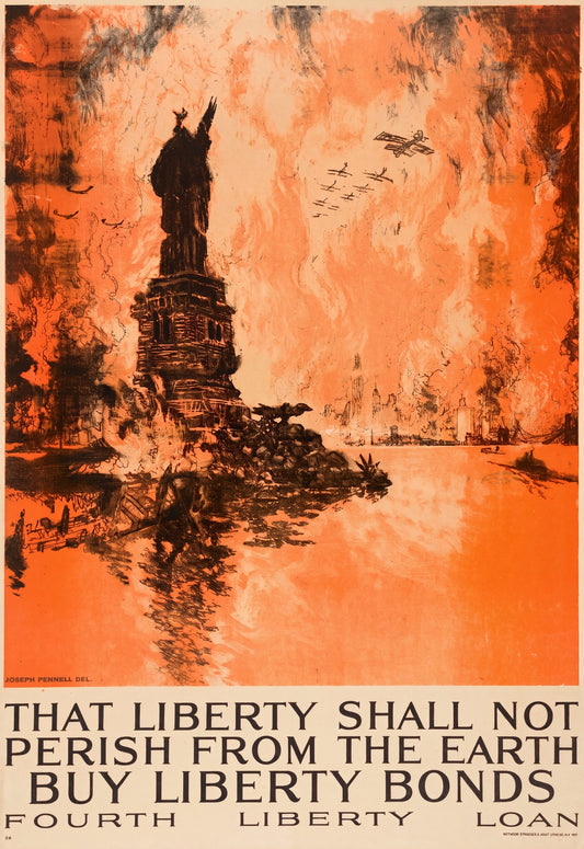 1918 WW1 propaganda poster by Joseph Pennell: Statue of Liberty in ruins, New York ablaze, biplanes overhead, orange and black | The Vintage Poster Archives