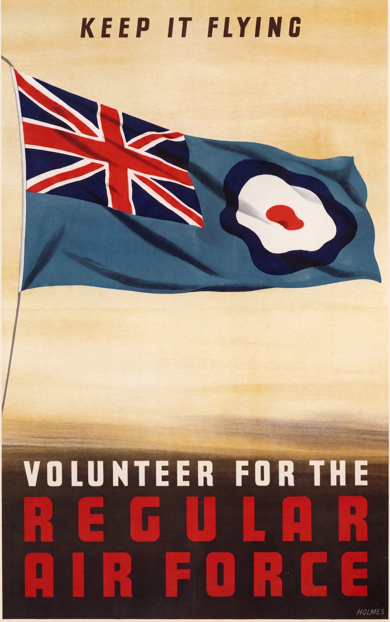 RAF recruitment poster c.1950, RAF Ensign on amber sky, bold red type: Volunteer for the Regular Air Force, Holmes | The Vintage Poster Archives