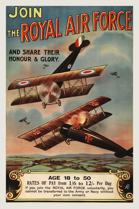 1918 RAF WW1 recruitment poster showing biplane dogfight, RAF roundels vs Iron Cross, teal sky | The Vintage Poster Archives