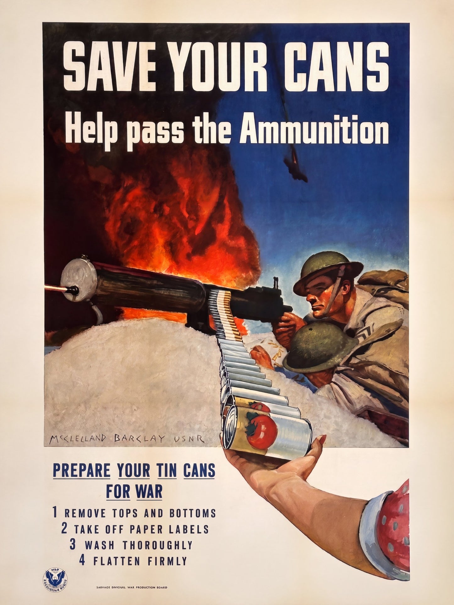 1943 WW2 home-front poster by McClelland Barclay: soldier at machine gun fed by chain of tin cans, navy, cream and orange | The Vintage Poster Archives