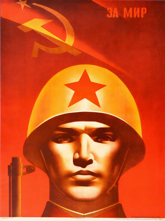 1960s Soviet peace propaganda poster showing Red Army soldier with the Za Mir slogan for peace