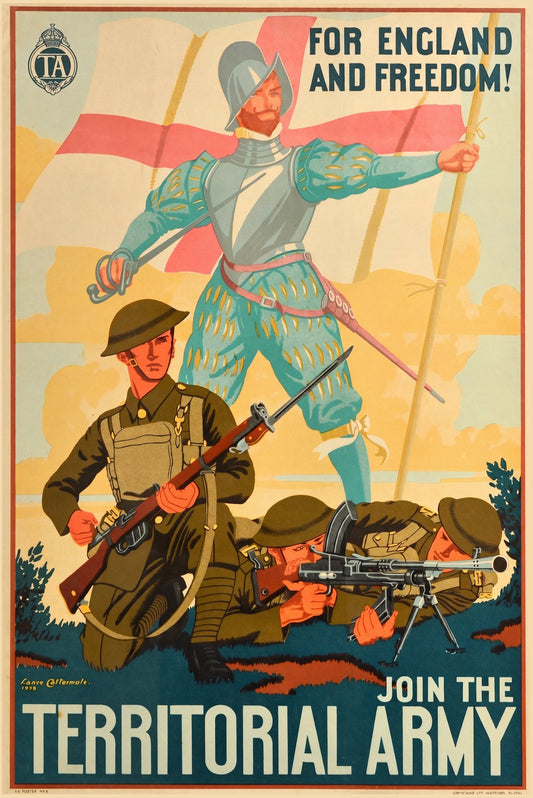 1938 British Territorial Army military recruitment poster showing St George design, Cattermole