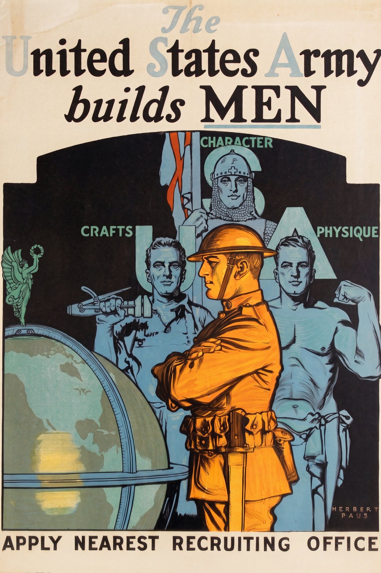 WW1 US Army recruitment poster 1919, amber doughboy before globe, allegorical figures, Herbert Paus | The Vintage Poster Archives