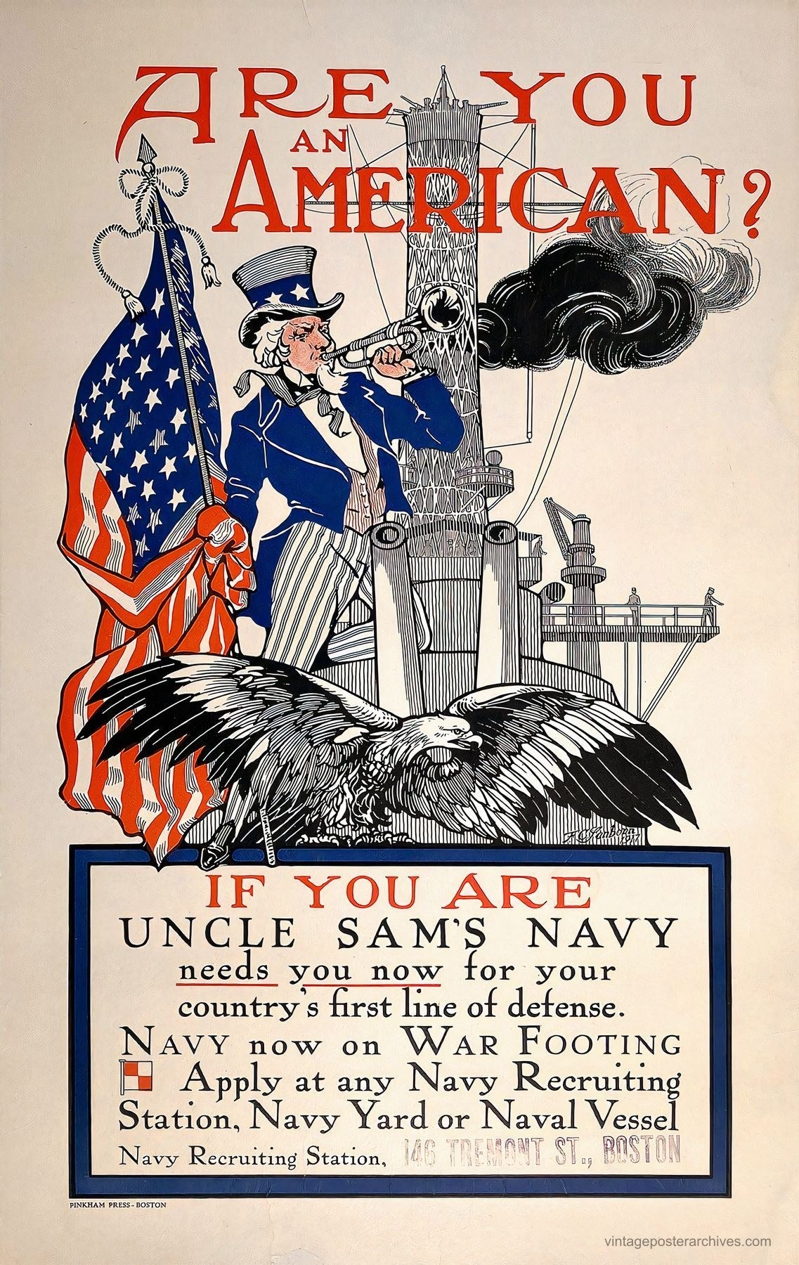 1917 US Navy WW1 recruitment poster showing Uncle Sam asking Are You An American, Frederick Sanborn