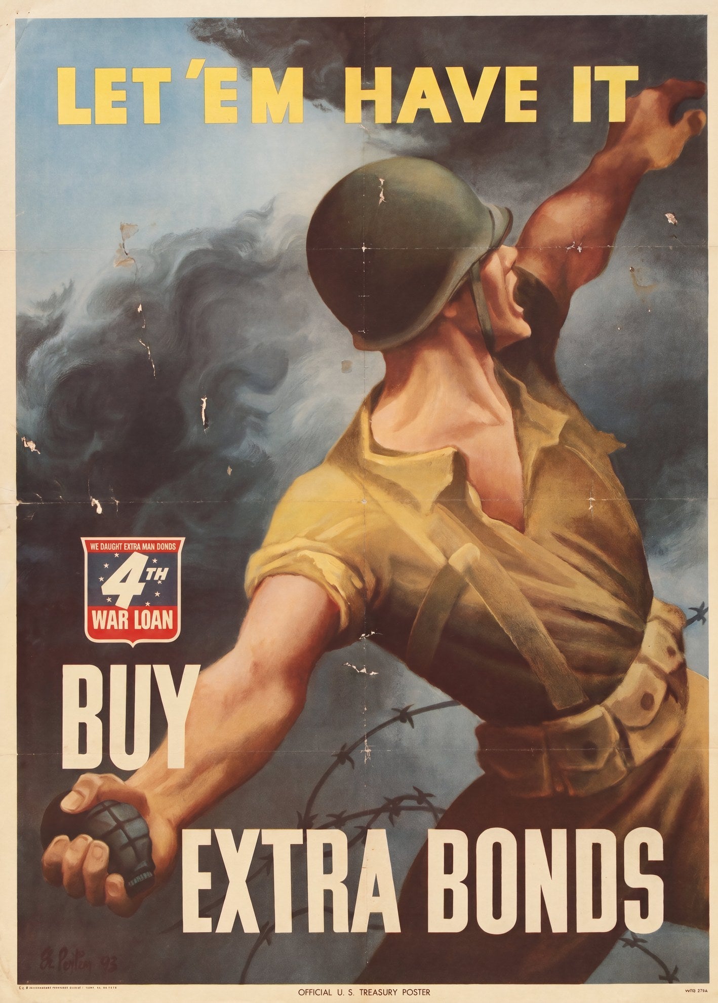 WW2 propaganda poster 1943 showing US soldier hurling grenade, 4th War Loan, Bernard Perlin | The Vintage Poster Archives
