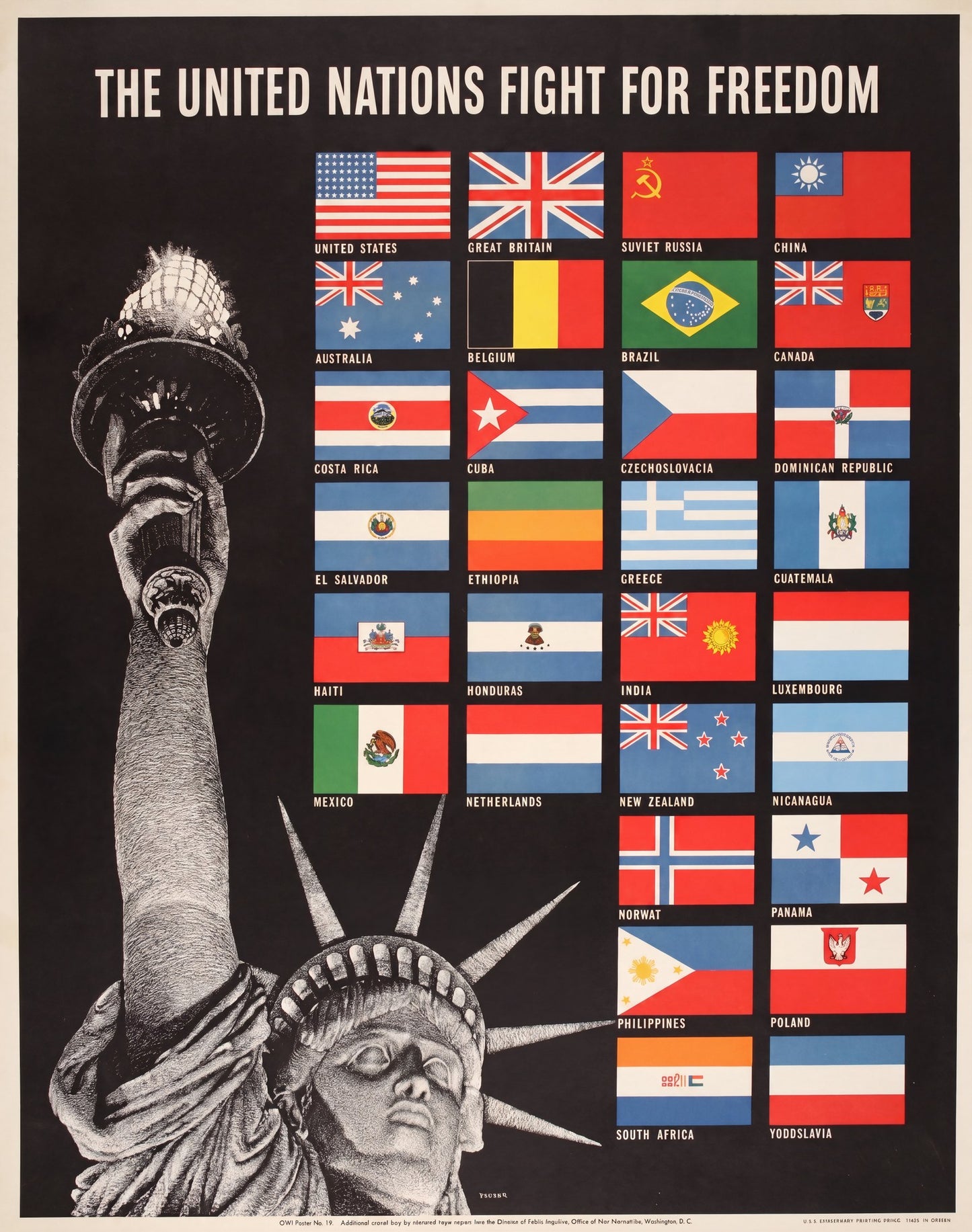 1942 WW2 propaganda poster showing Statue of Liberty and 26 Allied nation flags on black, Steve Broder, OWI | The Vintage Poster Archives