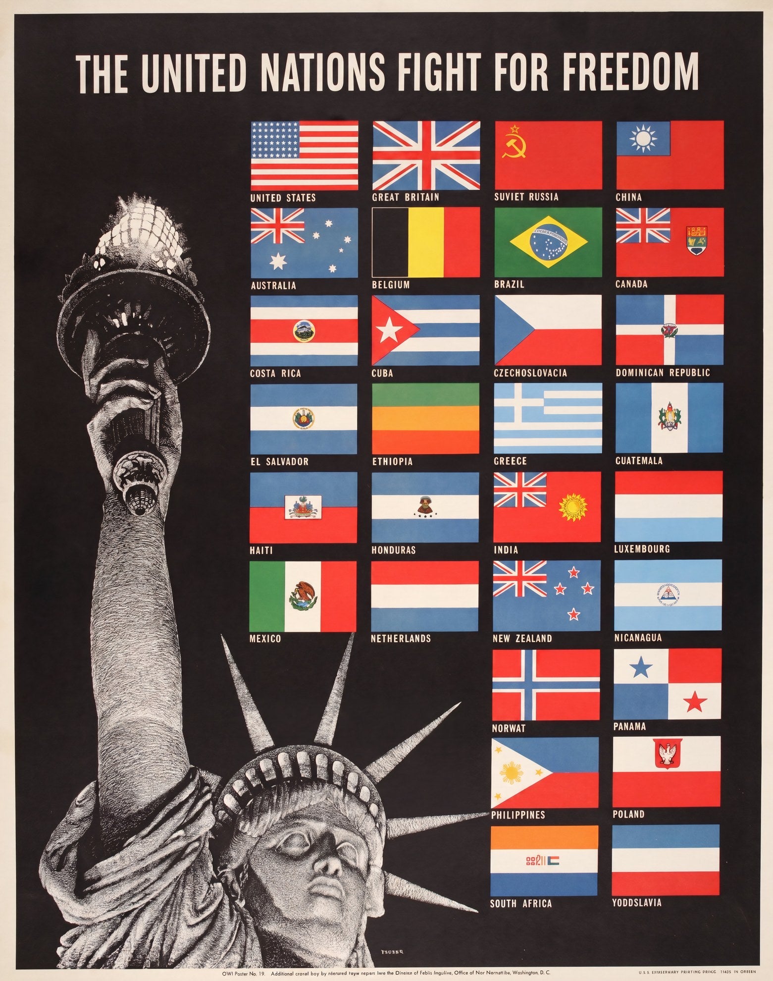 1942 WW2 propaganda poster showing Statue of Liberty and 26 Allied nation flags on black, Steve Broder, OWI | The Vintage Poster Archives