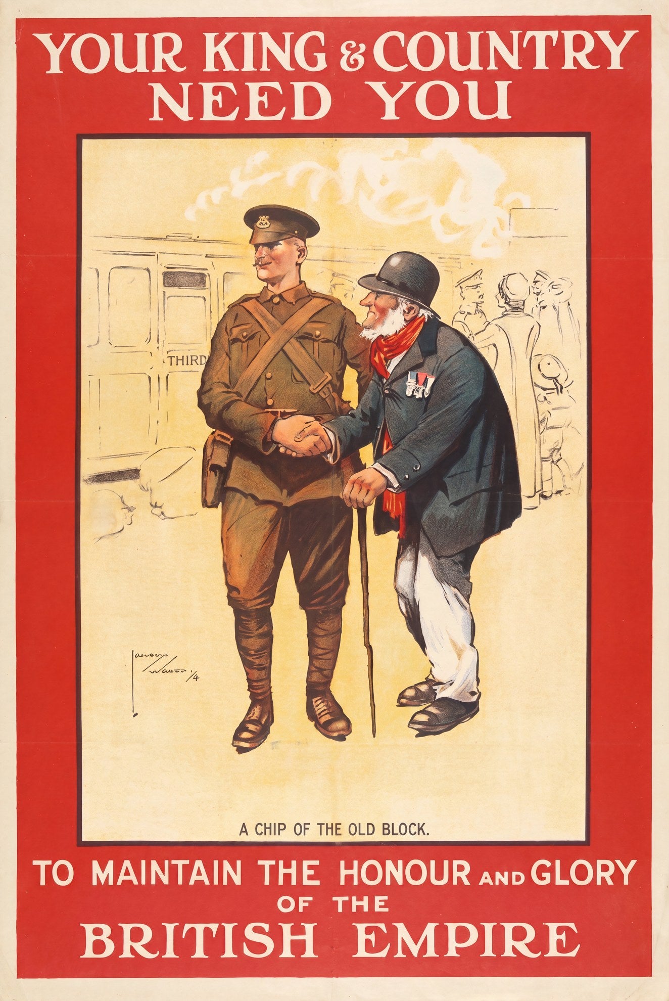 1914 WW1 recruitment poster by Lawson Wood: soldier shaking veteran's hand, red border, cream ground | The Vintage Poster Archives