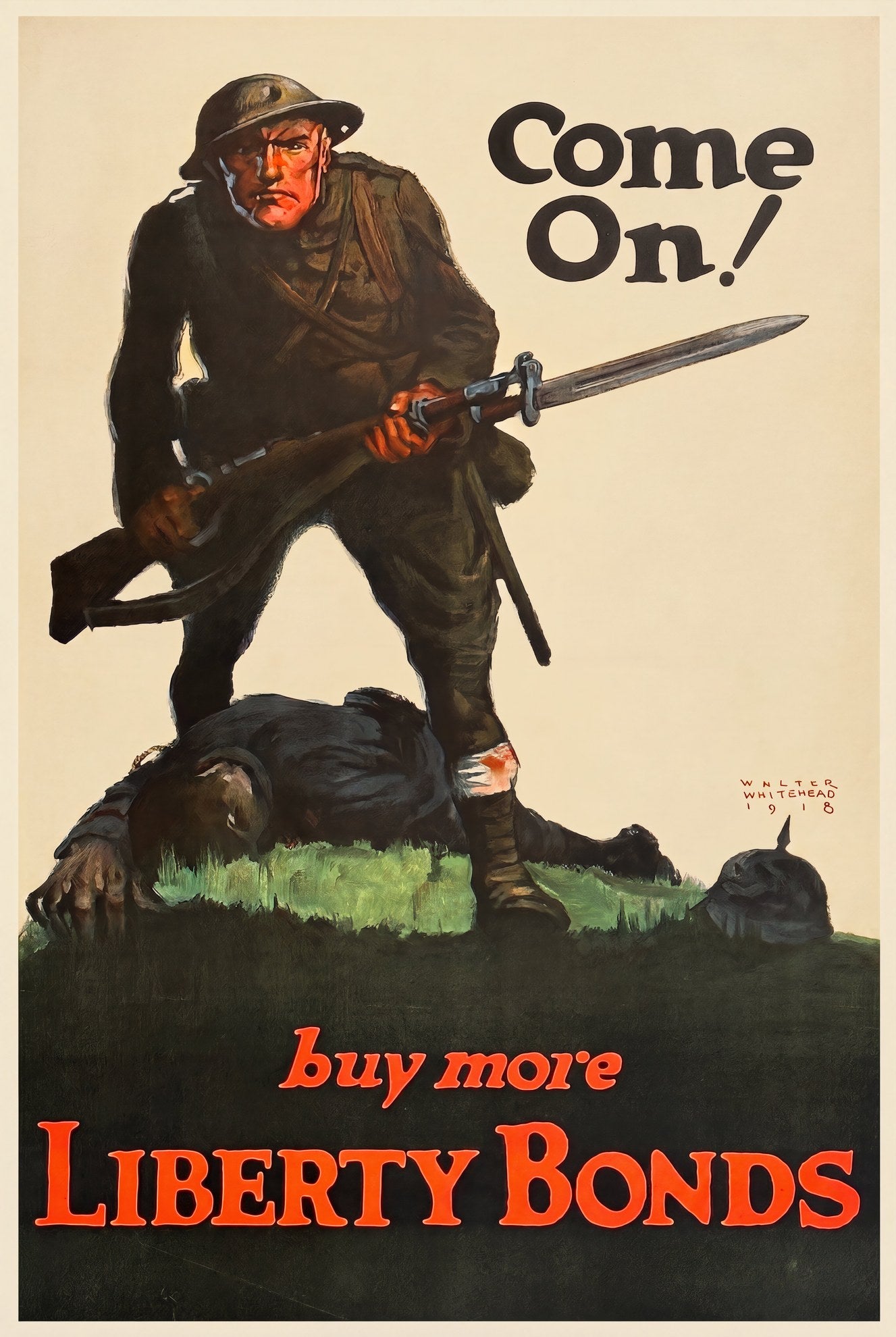 WW1 Liberty Bonds propaganda poster 1918, US doughboy with bayonet over fallen German soldier, Walter Whitehead | The Vintage Poster Archives