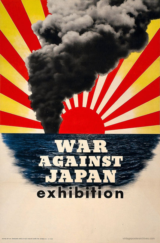 1945 British WW2 propaganda poster promoting The War Against Japan exhibition, HMSO design