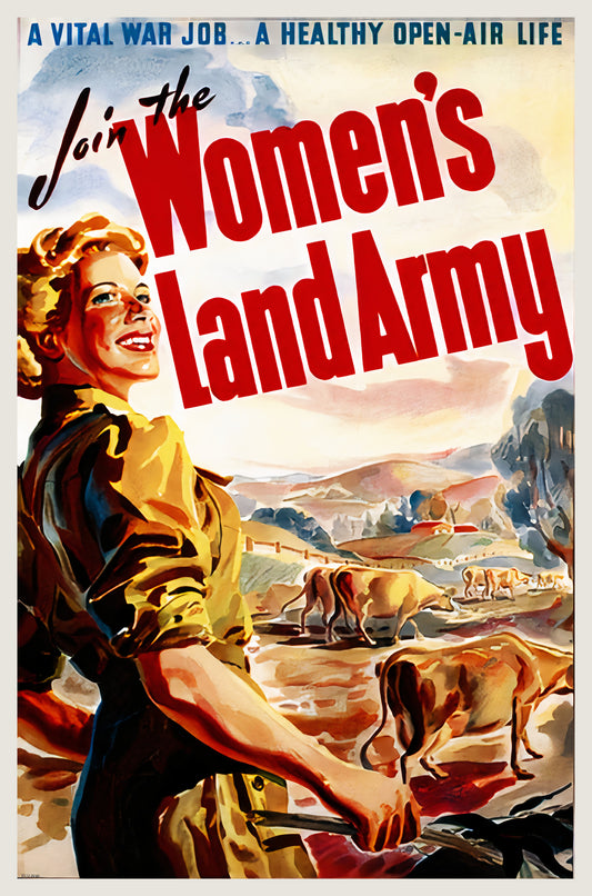 1943 Australian Women's Land Army recruitment poster, land girl with cattle and rolling hills, crimson and gold | The Vintage Poster Archives
