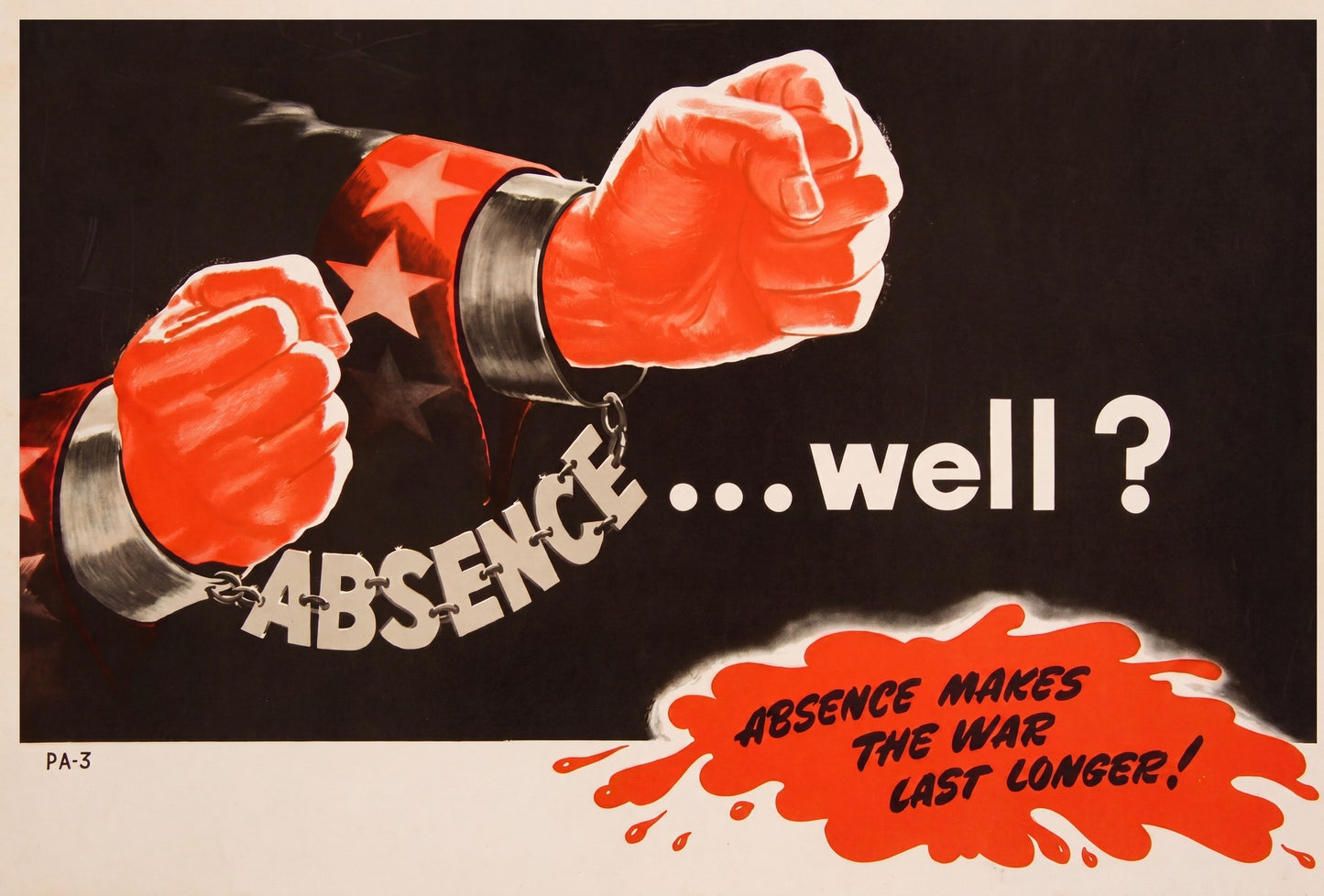 1940s WW2 poster showing red handcuffs on black background, bold typography, Office of War Information PA-3