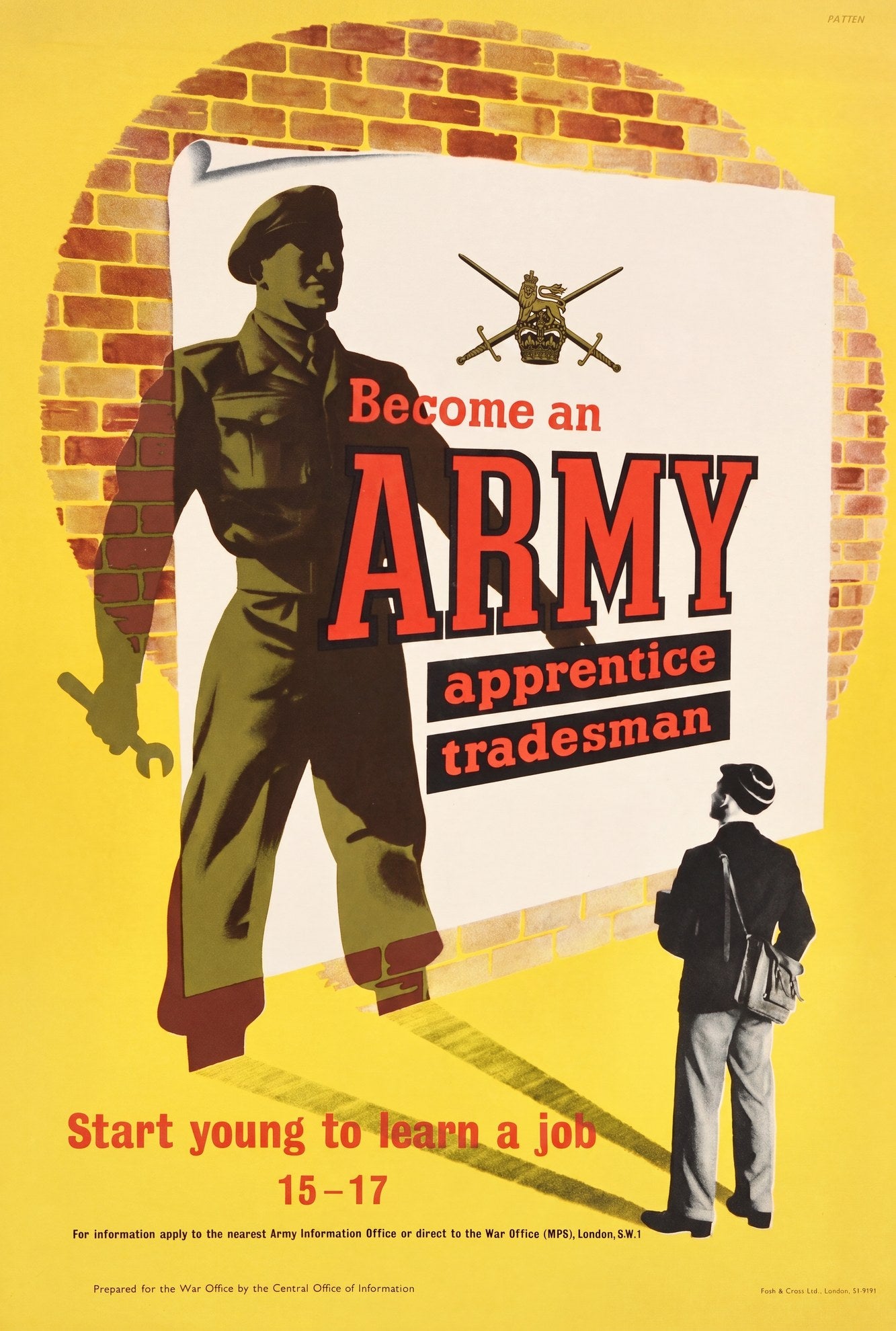 1950s British Army recruitment poster showing soldier in green uniform against yellow brick wall, red ARMY lettering, apprentice tradesman