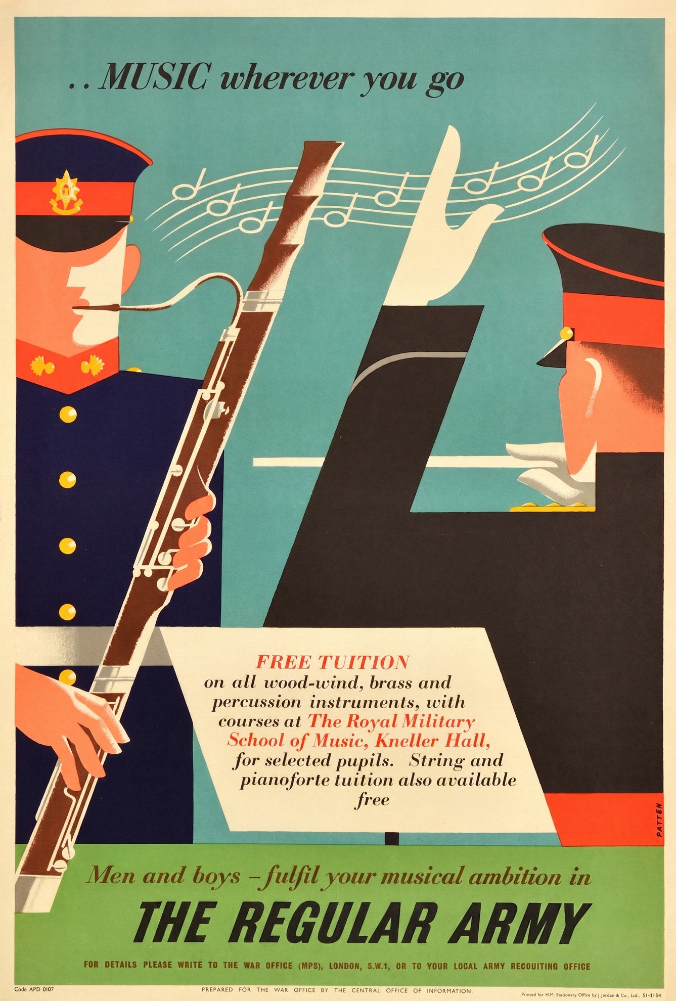 1951 British Army recruitment poster showing two soldiers in navy uniforms playing musical instruments, turquoise background, Patten