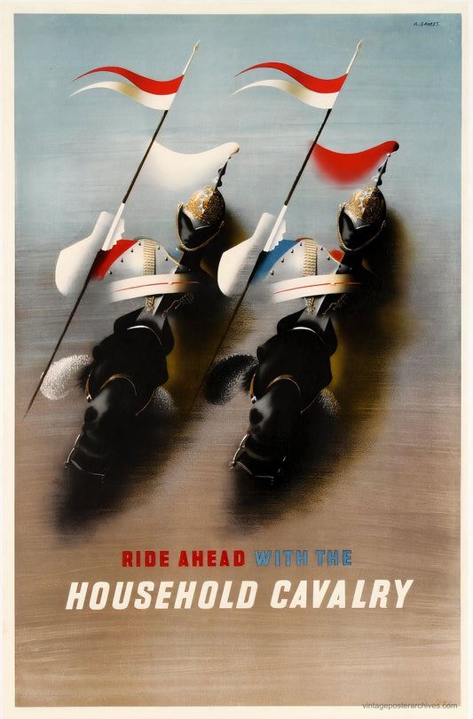 1949 British Household Cavalry recruitment poster showing cavalry charge design, Abram Games