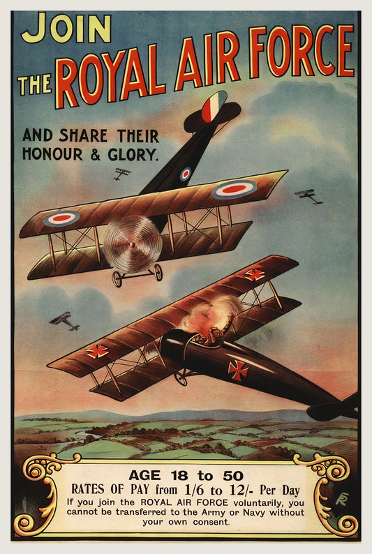 1918 WW1 RAF recruitment poster, biplane dogfight over English countryside, RAF roundels versus Iron Cross, red-yellow headline | The Vintage Poster Archives