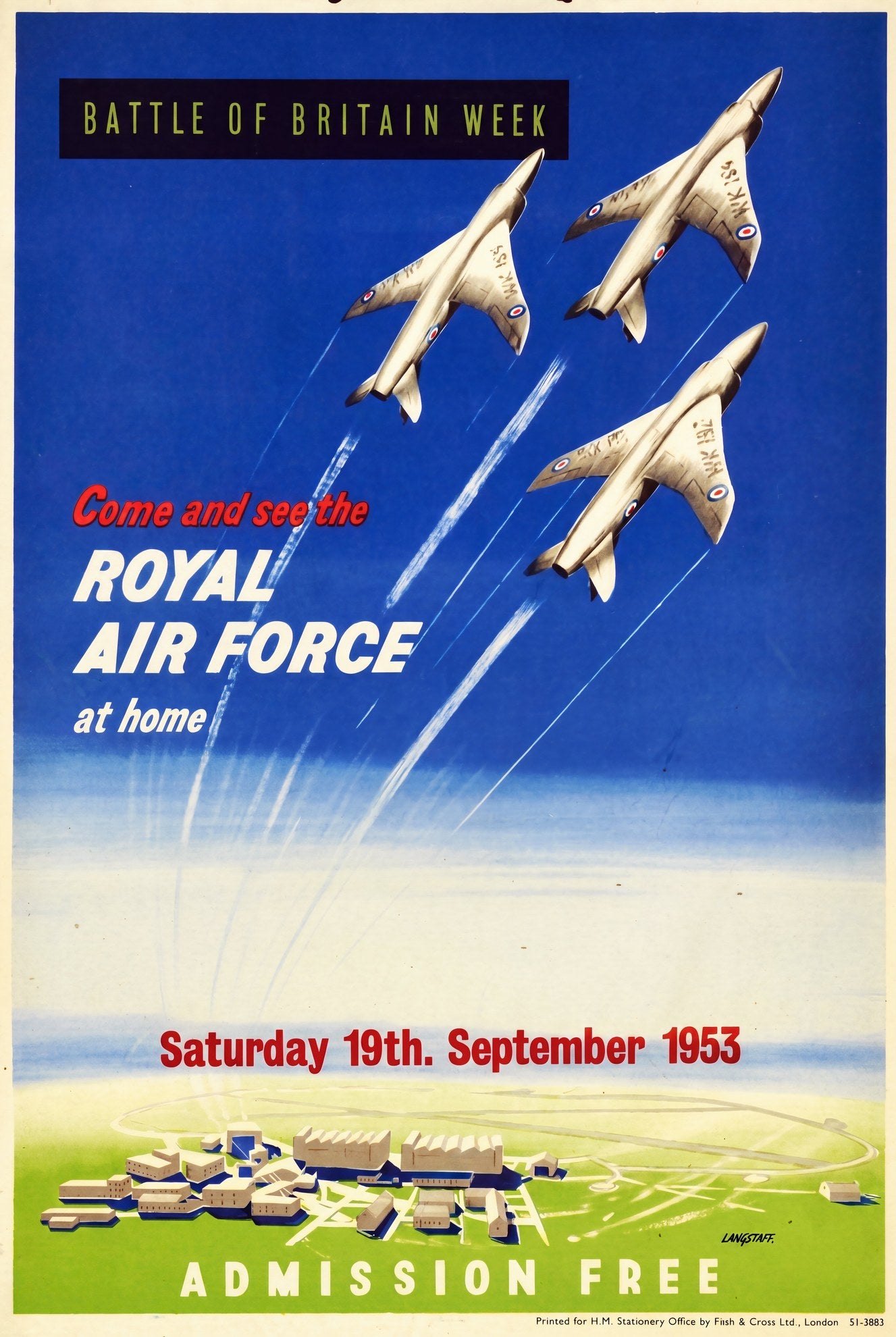 1953 RAF Battle of Britain Week poster, three Hawker Hunter jets in formation against cobalt blue sky, Langstaff | The Vintage Poster Archives
