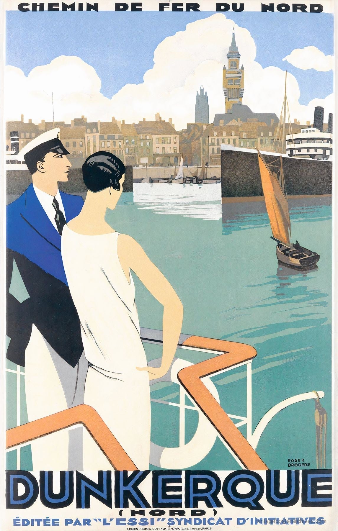 1930 Chemin de Fer du Nord Art Deco railway poster promoting Dunkerque, Roger Broders design
