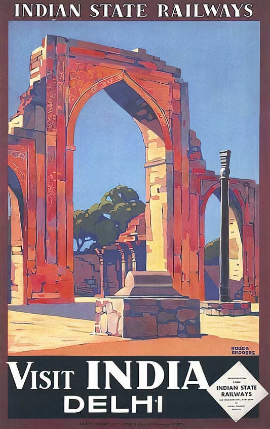 1928 Indian State Railways railway travel poster showing the Qutb complex in Delhi, Roger Broders