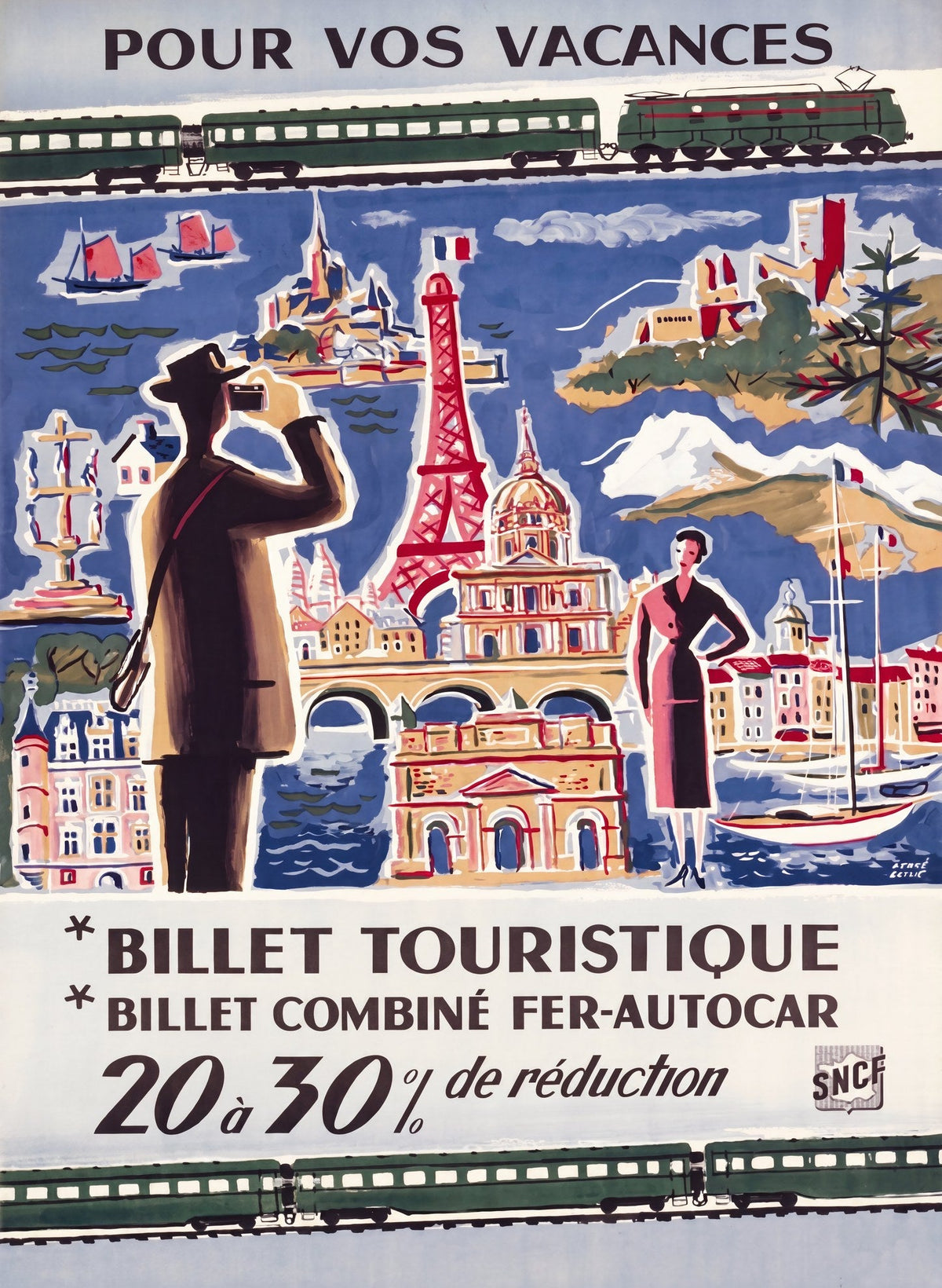 1950s SNCF French railway tourism poster for the Billet Touristique showing collage of France scenes
