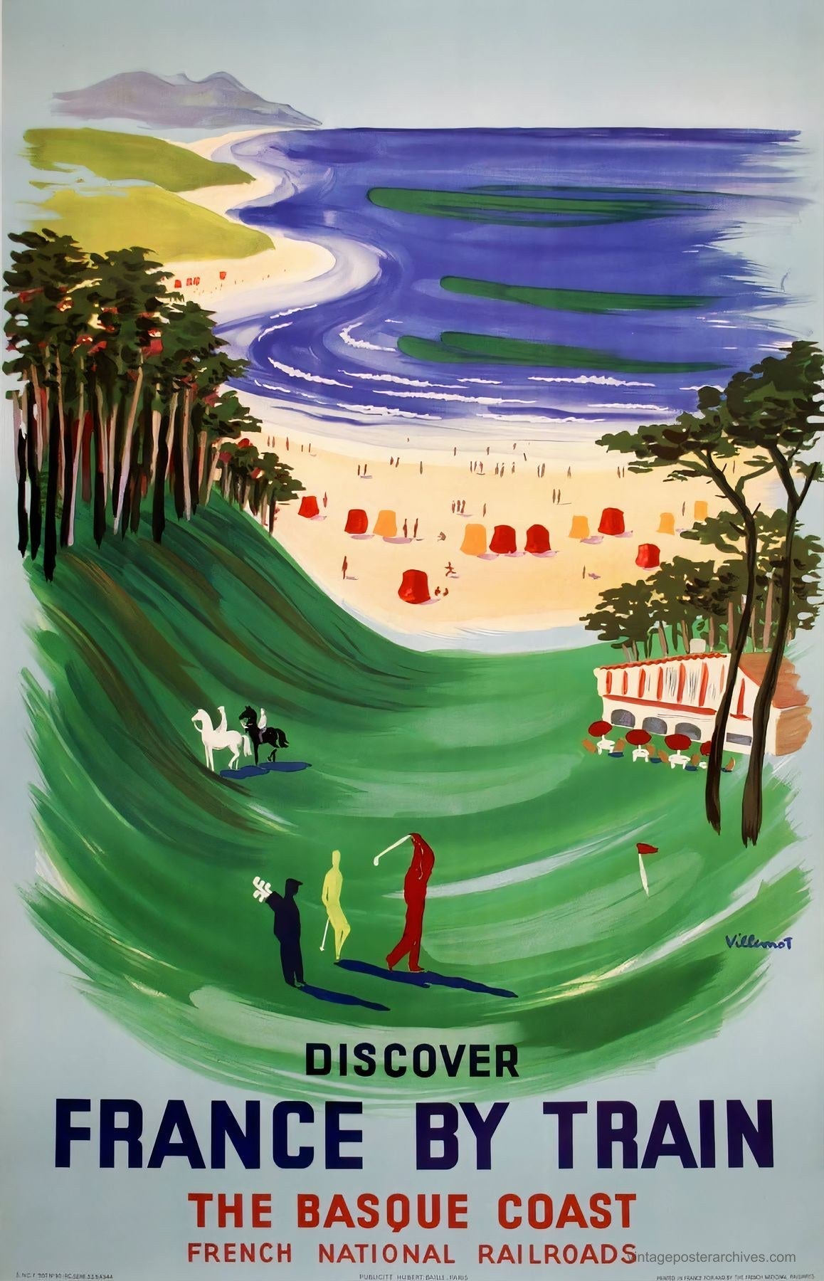 1954 SNCF French railway travel poster showing golfer on the Basque Coast, Bernard Villemot