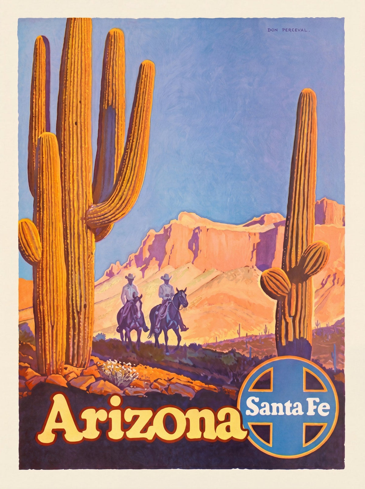 1949 Santa Fe Railway Arizona railway travel poster showing cowboys in the desert, Don Perceval