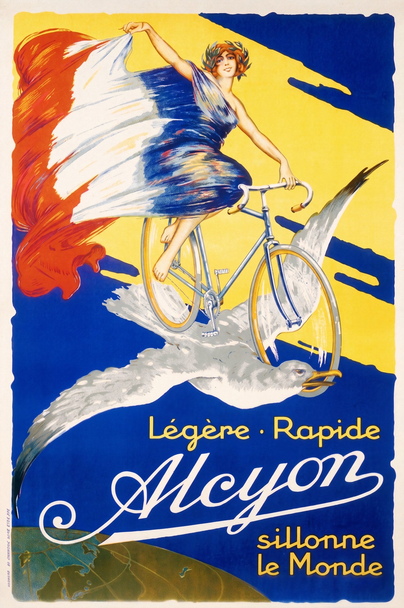 1910s Alcyon cycling poster: woman in tricolour robe on bicycle atop soaring seagull, cobalt blue and yellow ground, Louis Mancin | The Vintage Poster Archives