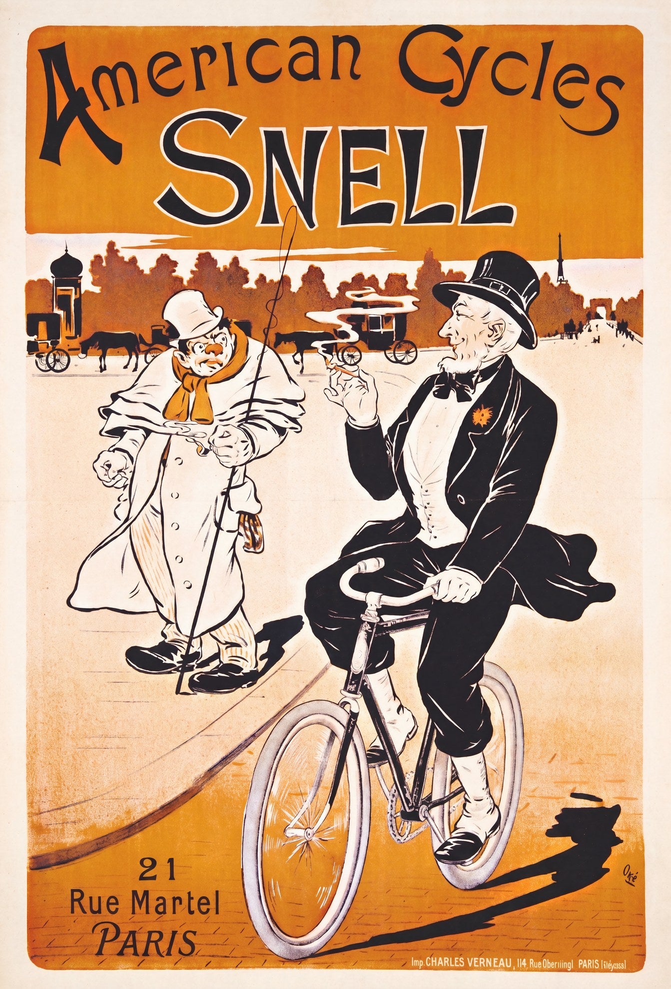 1897 French cycling poster: elderly gentleman in evening dress rides a Snell bicycle, orange ground, Paris skyline, Ogé | The Vintage Poster Archives