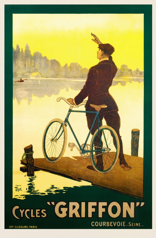 1900s Cycles Griffon bicycle poster, man on riverside dock with teal bicycle, yellow sky, Walter Thor | The Vintage Poster Archives