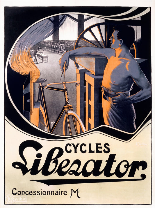 1900s French Cycles Liberator bicycle poster, shirtless mechanic at velodrome railing, amber and black lithograph, Kossuth Paris | The Vintage Poster Archives
