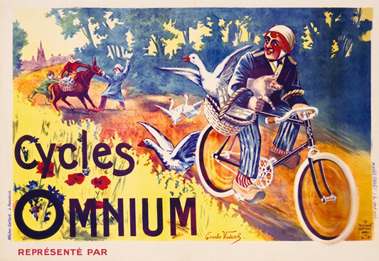 c.1900 Cycles Omnium French cycling poster, peasant woman on bicycle scattering geese, yellow and navy, Charles Valenk | The Vintage Poster Archives