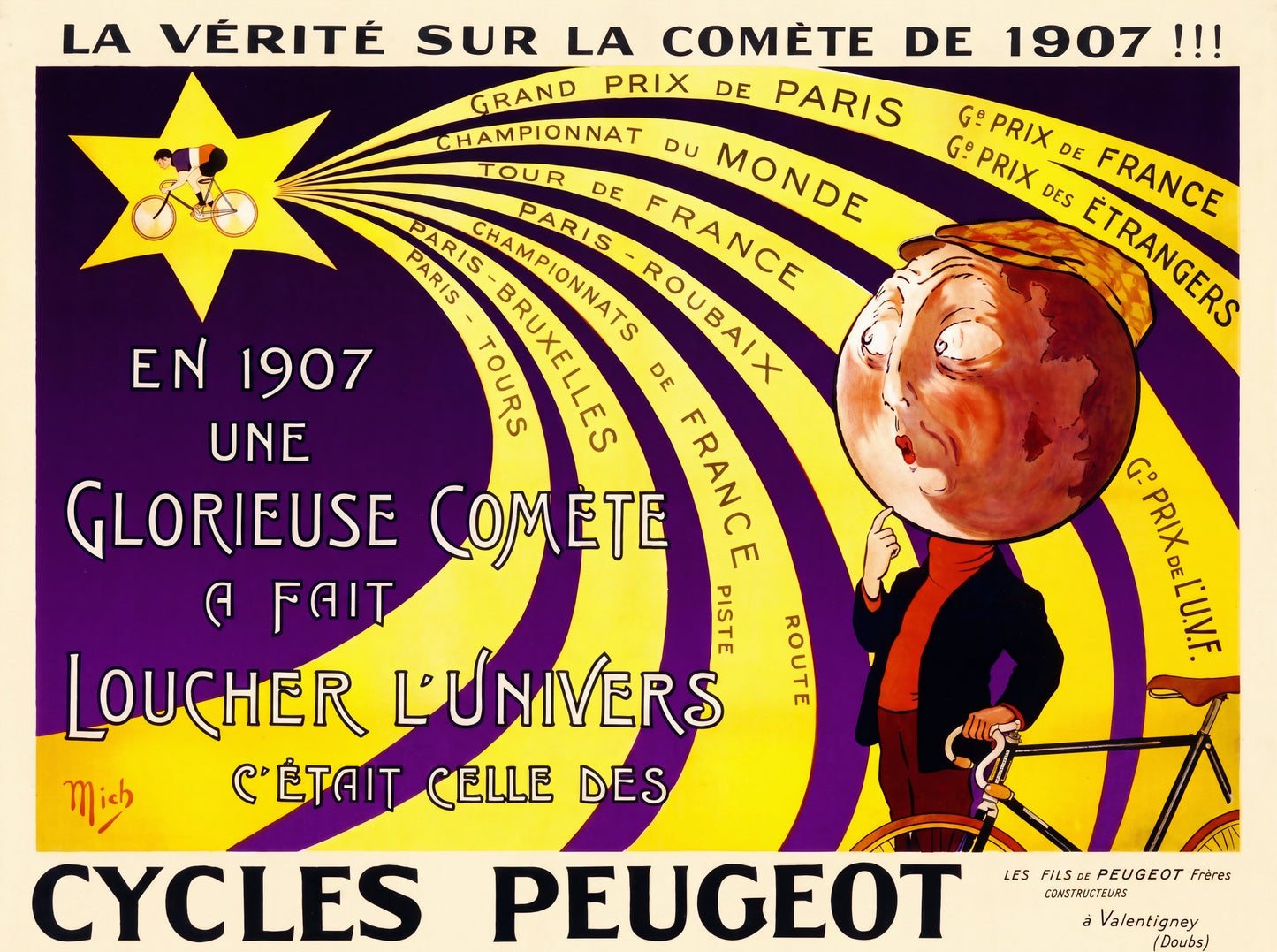 1907 Cycles Peugeot cycling poster showing comet and race victories, purple and yellow, Mich | The Vintage Poster Archives