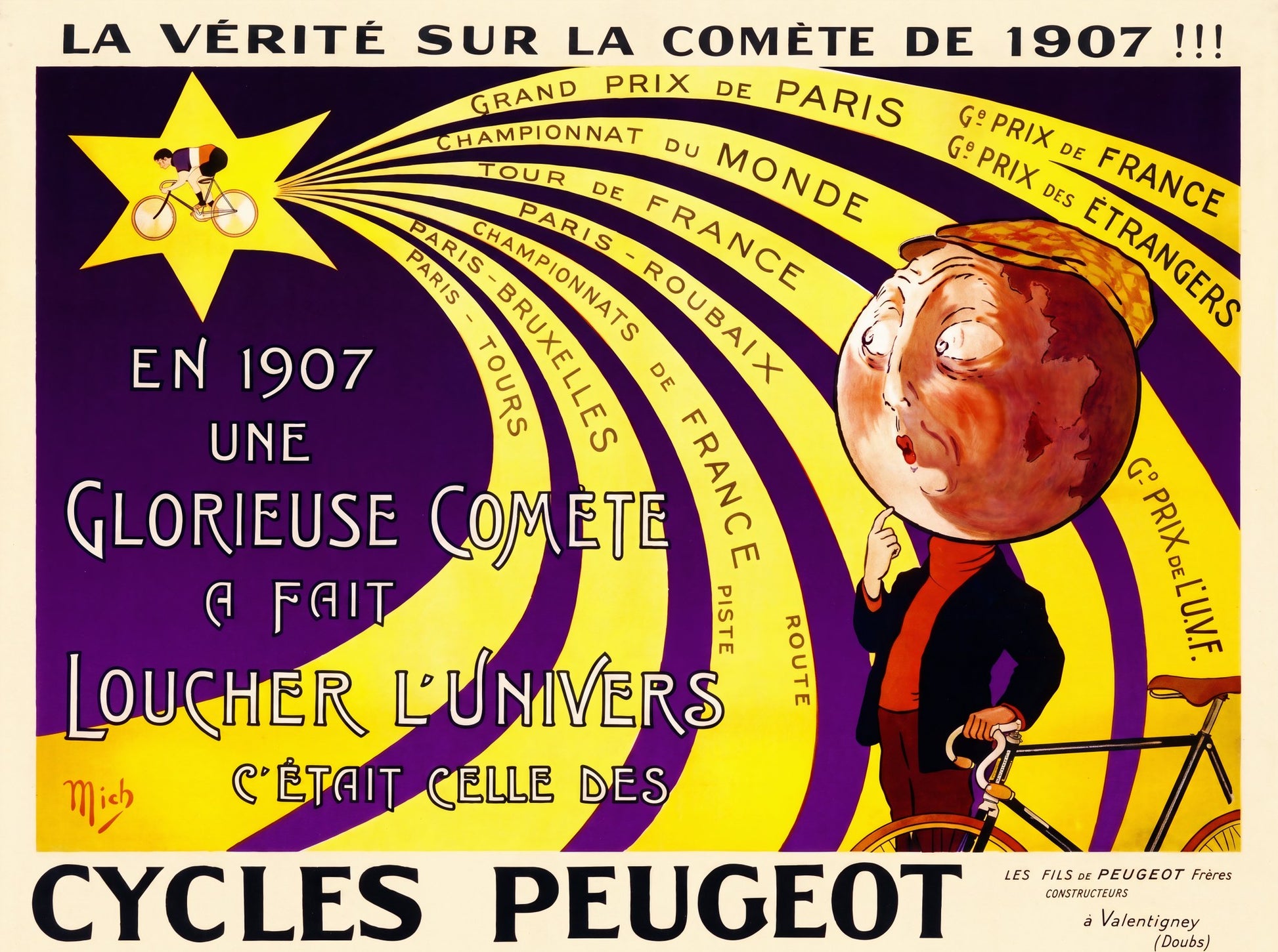 1907 Cycles Peugeot cycling poster showing comet and race victories, purple and yellow, Mich | The Vintage Poster Archives