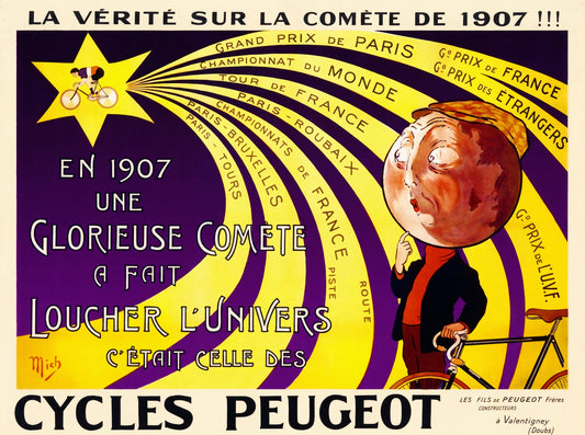 1907 Cycles Peugeot cycling poster showing comet and race victories, purple and yellow, Mich | The Vintage Poster Archives