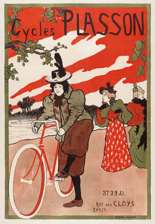 1897 Cycles Plasson French cycling poster, woman cyclist in feathered hat, red bicycle, red sky, olive green, Manuel Robbe | The Vintage Poster Archives