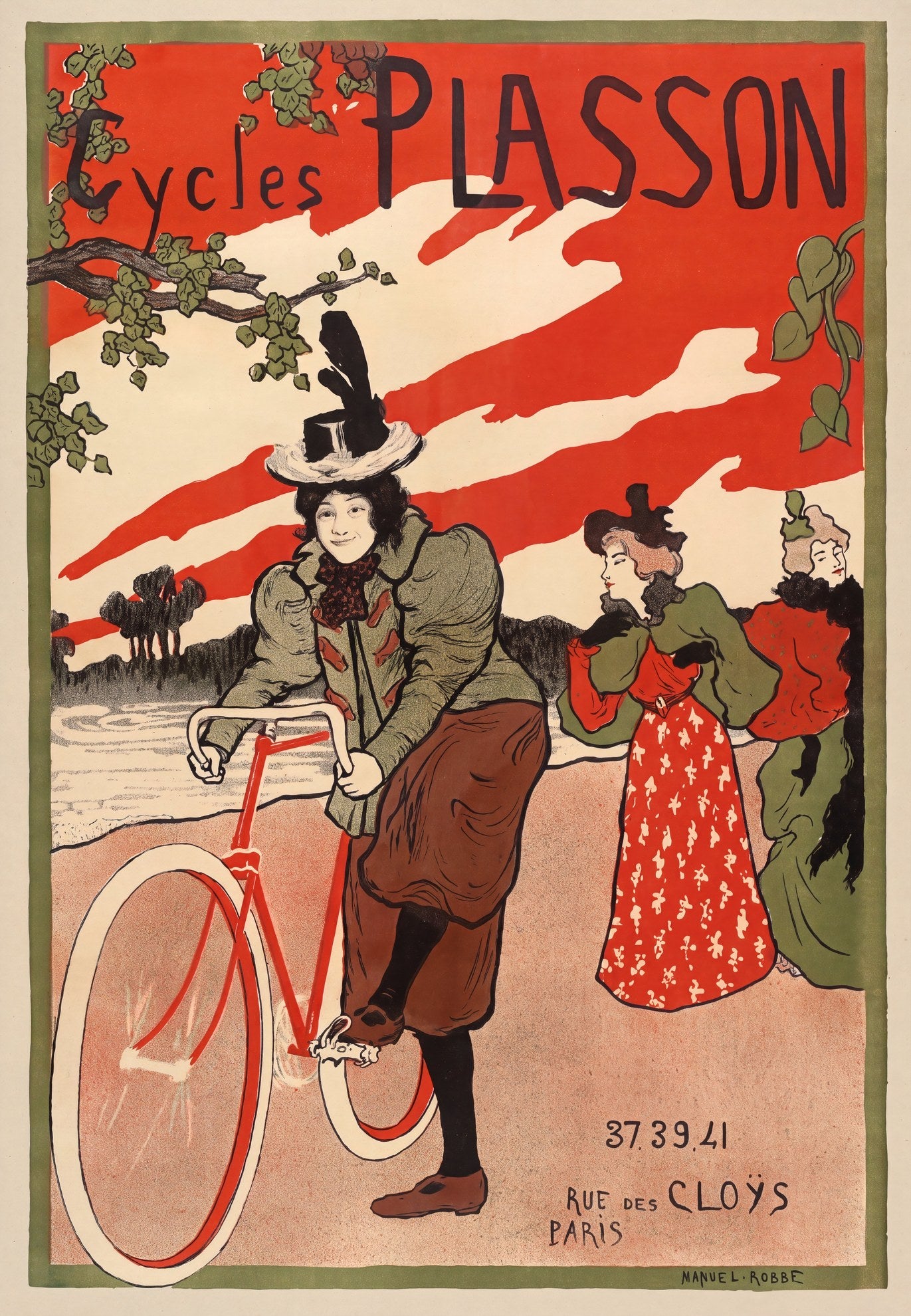 1897 Cycles Plasson poster, woman cyclist in bloomers mounting red bicycle, red sky, Manuel Robbe | The Vintage Poster Archives