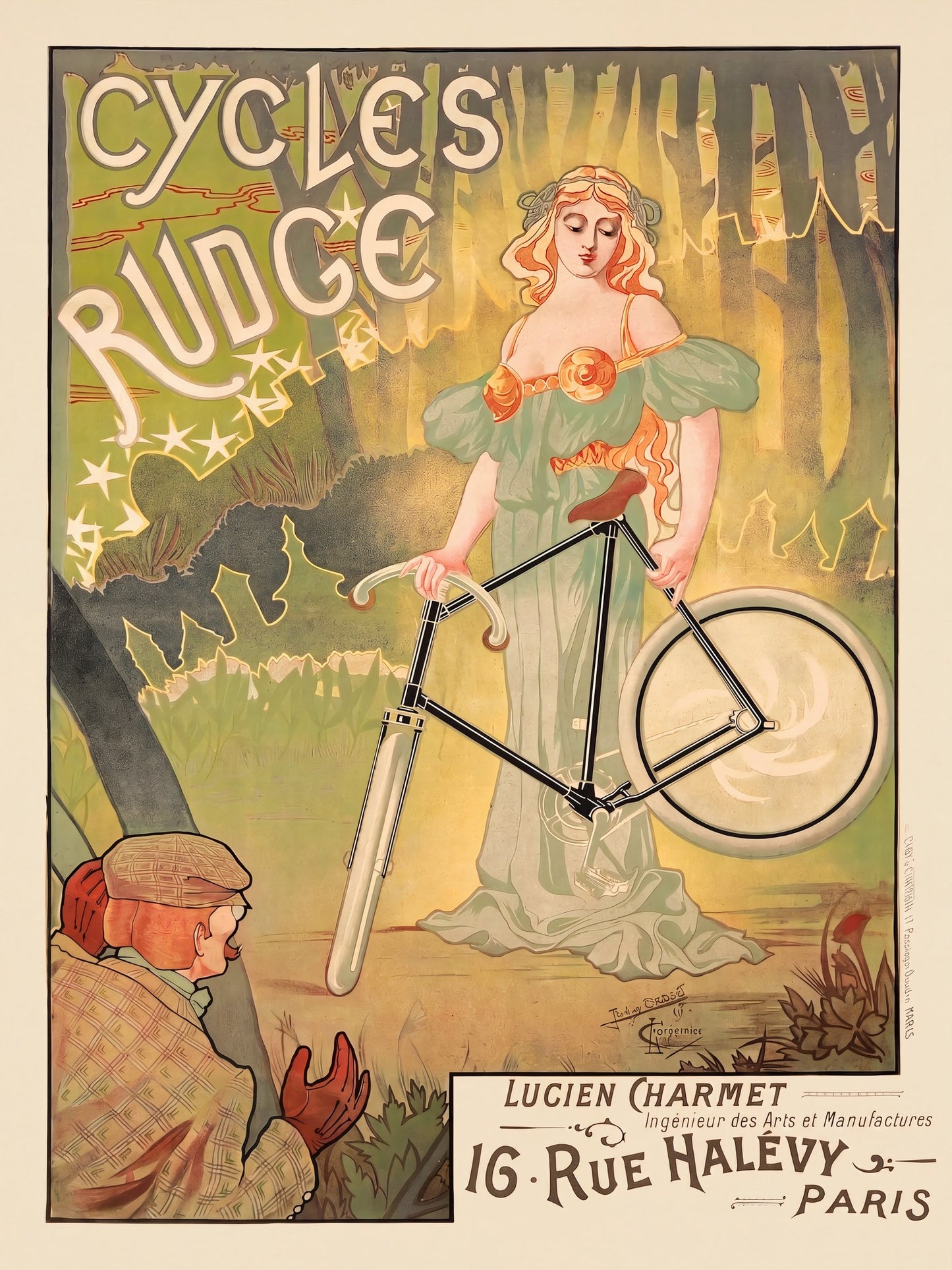 1897 Cycles Rudge French art nouveau poster: goddess in green gown holds bicycle in woodland, Jacques Debut | The Vintage Poster Archives