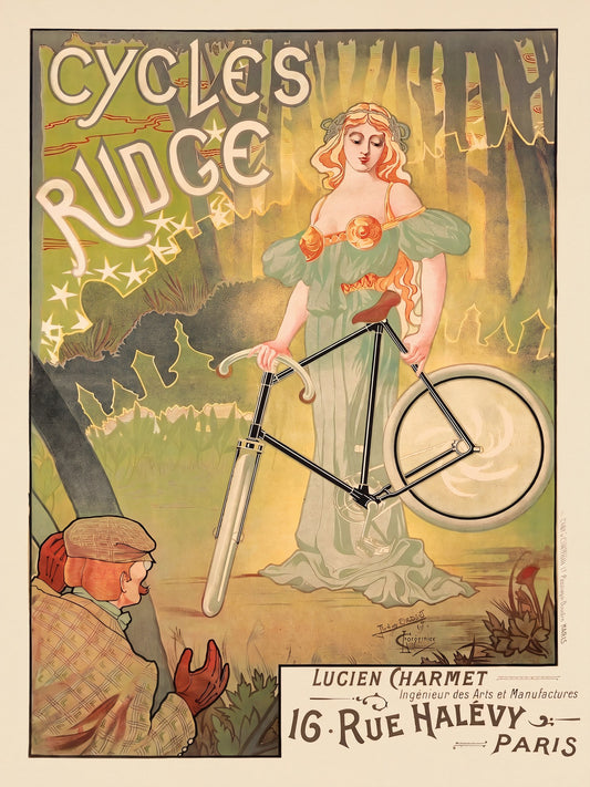 1897 Cycles Rudge French art nouveau poster: goddess in green gown holds bicycle in woodland, Jacques Debut | The Vintage Poster Archives