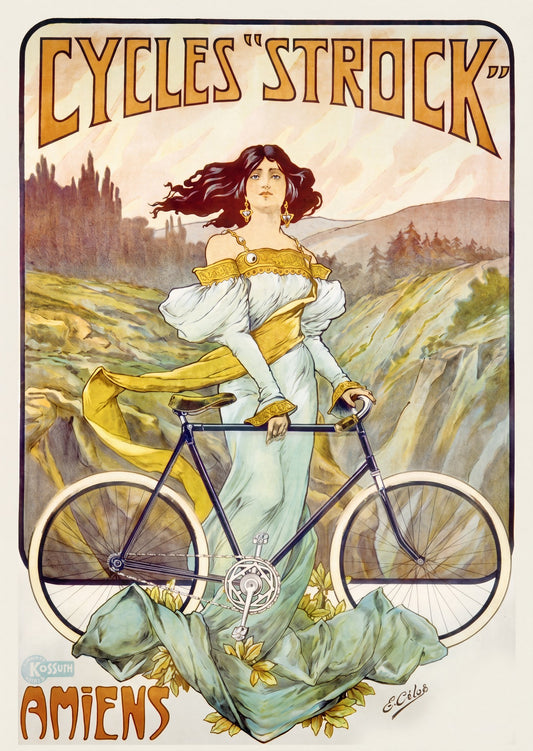 Art Nouveau Cycles Strock Amiens bicycle poster c.1897, woman in gold and pale blue gown, E. Célos | The Vintage Poster Archives