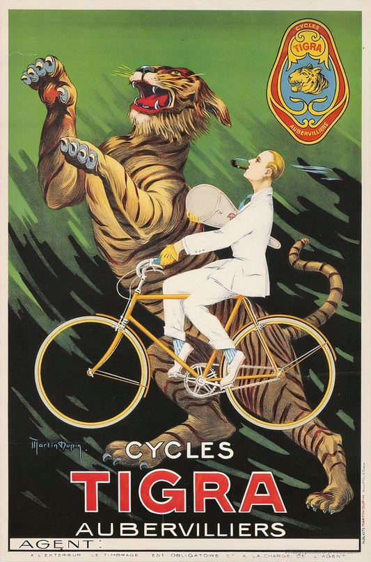 1925 Cycles Tigra French cycling poster showing tiger mascot with cyclist rider, Martin Dupin