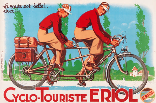 1938 French Eriol tandem bicycle advertising poster, couple in red jackets on touring bike, blue sky, Henry Le Monnier | The Vintage Poster Archives
